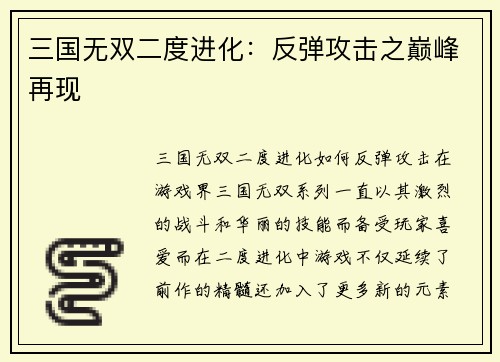 三国无双二度进化：反弹攻击之巅峰再现