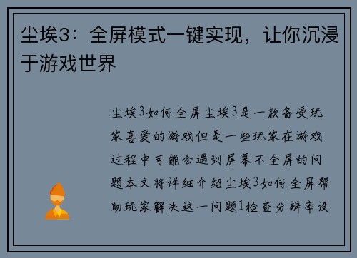 尘埃3：全屏模式一键实现，让你沉浸于游戏世界
