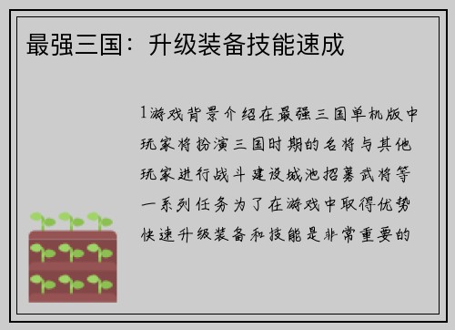 最强三国：升级装备技能速成