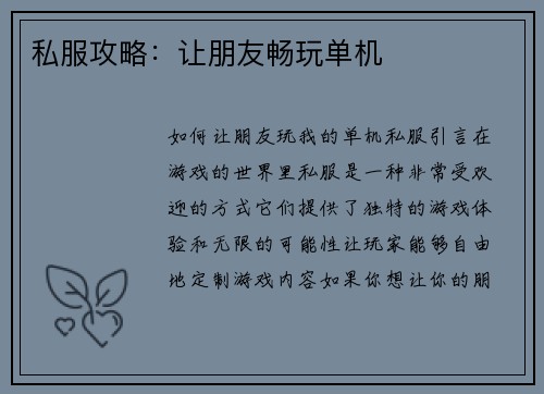 私服攻略：让朋友畅玩单机